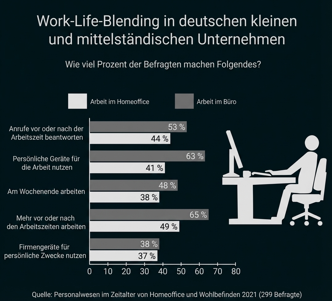 Balkendiagramm: Work-Life-Blending in deutschen KMU, Prozente für Homeoffice vs Büro zu Arbeitsverhalten, Personensymbol am Schreibtisch